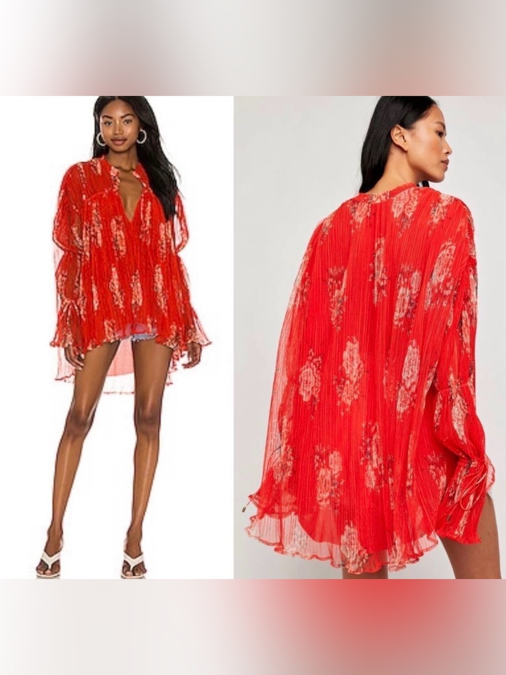 NWT Free People Dahlia Pleated Bell-Sleeve Tunic Top Floral V-Neck Size L